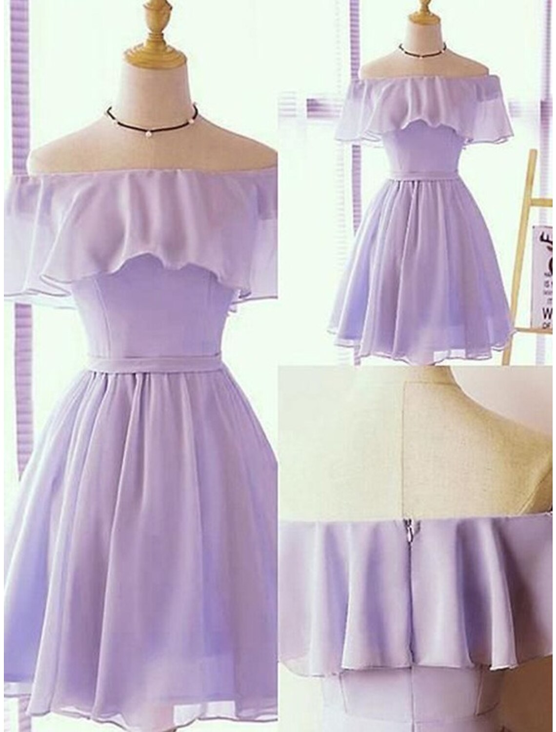 Vestido elegante de fiesta de gasa sin mangas con volantes, corte A, corto o mini, con hombros descubiertos